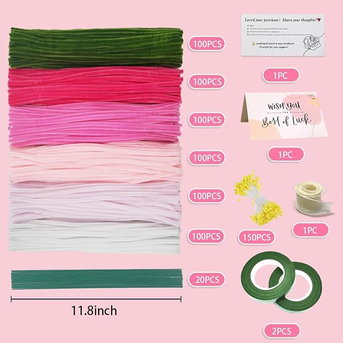 AHAMETON 620Pcs Pastel Pink Pipe Cleaner Flower Kit, 6 Colors Bulk Pipe Cleaners Craft Supplies with Wires, Stamens, Ribbon, Tapes, Card, DIY Flower Making for Gifts Home Decor, Party & School Crafts