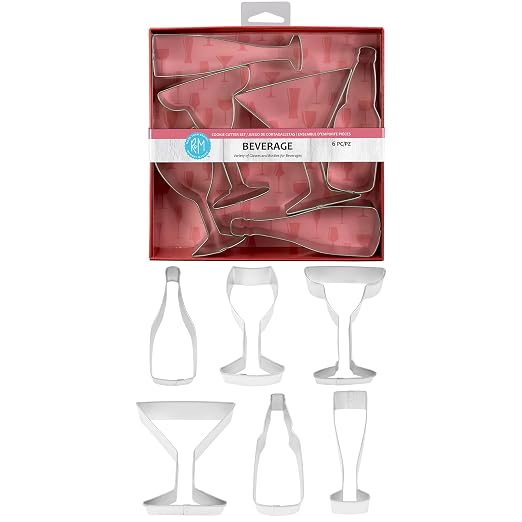 R&M International 1978 Beverage Cookie Cutters, Martini Glass, Champagne Flute, Champagne Bottle, Bottle, Wine Glass, Margarita Glass, 6-Piece Set