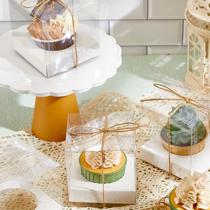 96 Pieces Individual Cupcake Boxes Single Cupcake Container Clear Cupcake Carrier Plastic Cupcake Storage Cupcake Holder with Ribbon and Insert for Wedding Birthday Party Favor, 3.5 x 3.5 x 3.5(White)