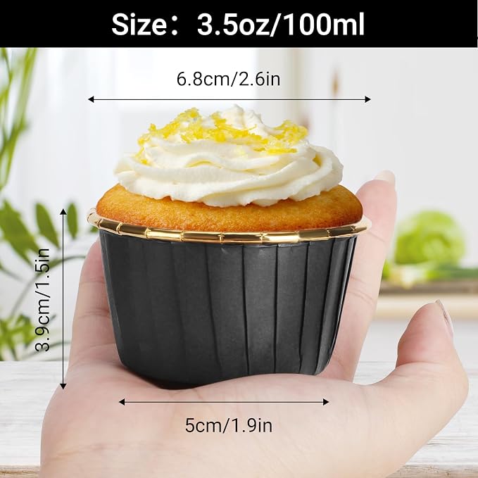 EUSOAR Black Cupcake Liners, 100pcs 3.5oz Mini Cheesecakes Cups Disposable Ramekins, Aluminum Foil Wrappers Paper Cupcake Containers Muffin Dessert Holders for Birthday Wedding Party-Black/Gold