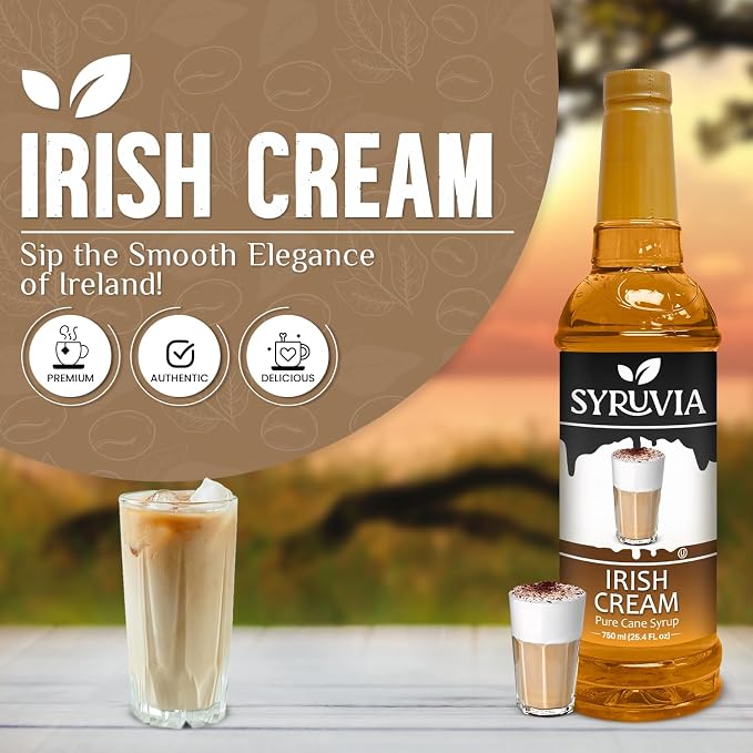Syruvia Coffee Syrup, Irish Cream Flavored Syrup for Drinks, Lattes, and Desserts – 25.4 fl oz - with Pump