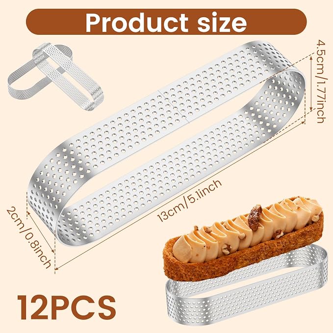 12PCS Oval Tart Rings, 5inch Perforated Tart Ring Mold, Stainless Steel Nonstick Cake Mousse Ring Pastry Mould, Heat Resistant Mini Fruit Tart Mold Pan for Baking Mousse Cheesecake Muffin Pie Dessert