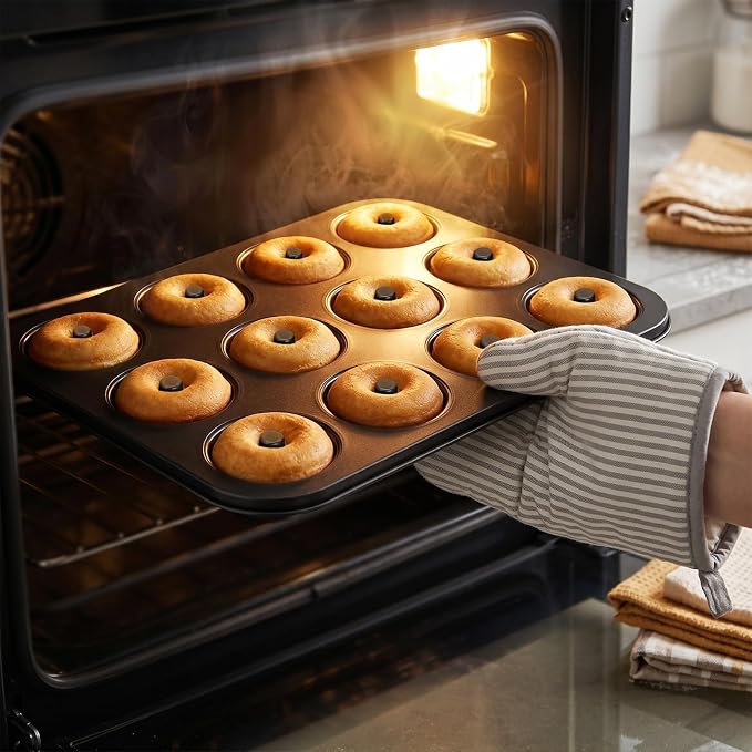 Lawei 2 Pack 12-Cavity Non-stick Donut Pan, Carbon Steel Donut Baking Pan for Muffin, Cake, Dessert, Mini Bagel Mold Donut Trays for Oven, Microwave, Freezer Safe