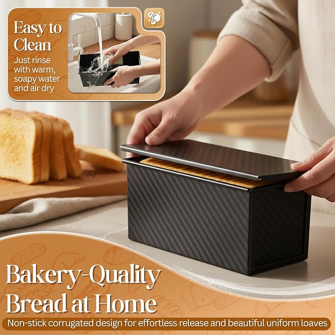 Flexzion 2 Pack Pullman Loaf Pan with Lid - 1 lb Dough Capacity Sandwich Bread Loaf Pan with Lid Cover - Non-Stick Carbon Steel Corrugated Toast Box Mold for Baking Homemade Sandwich, Sourdough, Black
