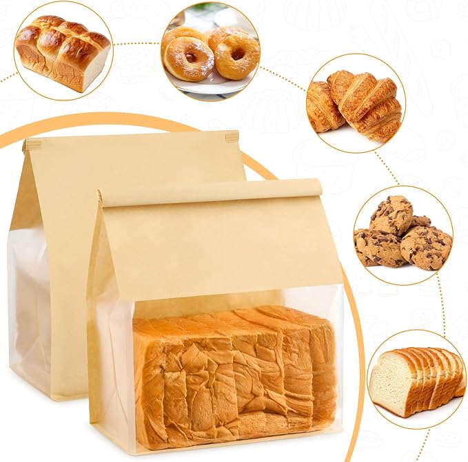 Ocmoiy 50 Pack Bread Bags for Homemade Breads, 8.7x4.3x11 Inches Resealable Tin Tie Tab Lock Large Bakery Packaging Bags with Window for Sourdough Bread, Bagels, Pastry