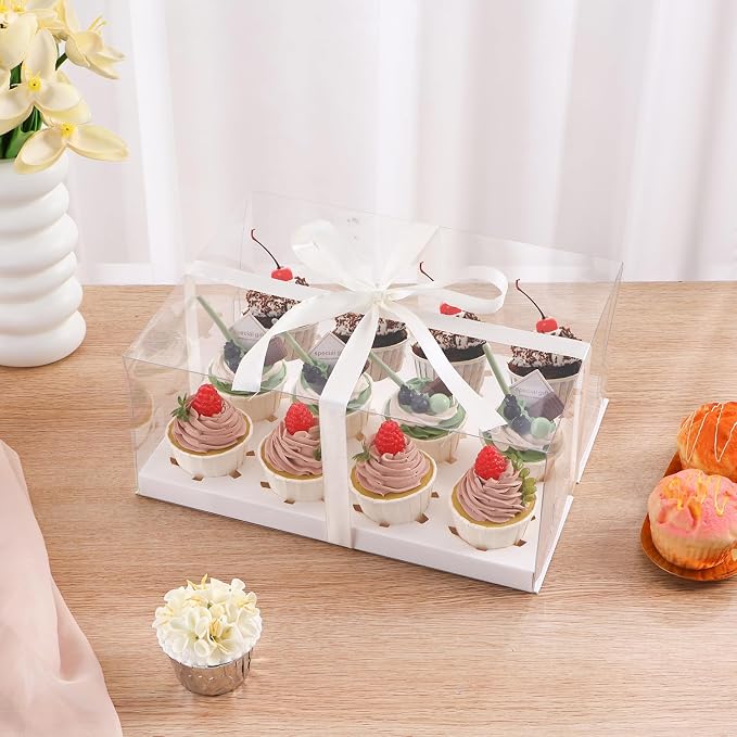 6Pcs Clear Cupcake Boxes,12 Count Cupcake Containers with Gift Ribbon,Plastic Cupcake Carrier Holder for Dessert Cookies Muffins Pastry(White/clear, 12 Count/6ps)