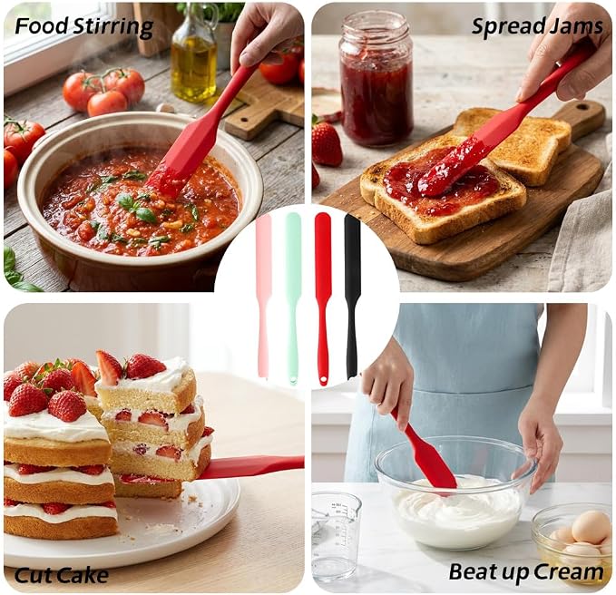 4 Pcs Silicone Jar Spatula, Long Handle Skinny Spatula Scraper for Jars & Bottles, Heat Resistant Small Spatulas Set for Kitchen Baking Sourdough Cake Makeup Essentials, Black+Red+Light Green+Pink