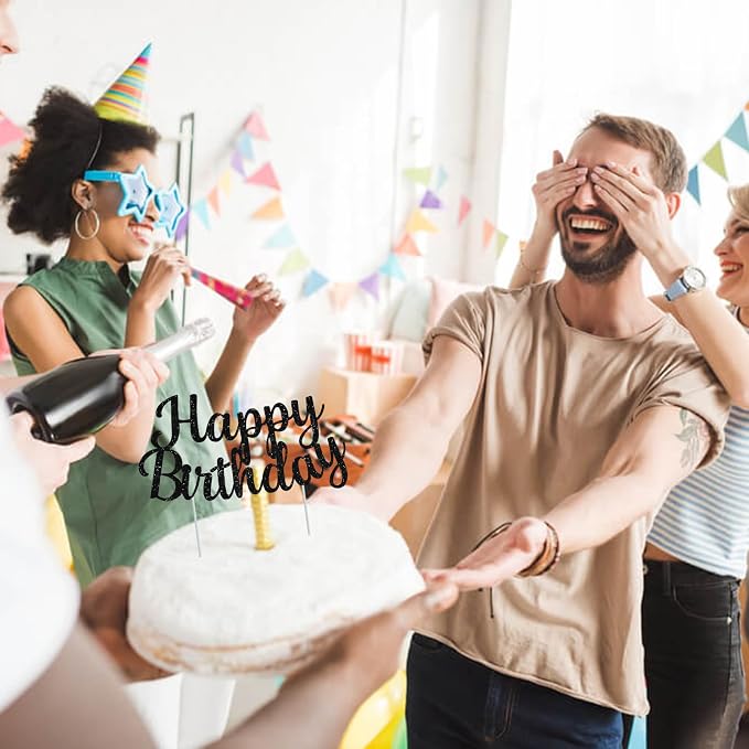 BEISHIDA Black happy birthday Cake Topper, Happy Birthday Cake Bunting Decor,Birthday Party Decoration Supplies，Photo Booth Props