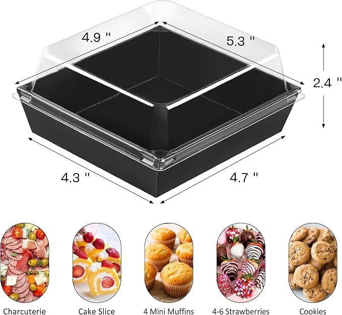 ZORRITA Paper Charcuterie Boxes with Clear Lids, 50 Pack, 5 Inch, Black | Square To Go Dessert Containers, Small Bakery Boxes, For Cake, Cookies, Sandwich, Strawberries