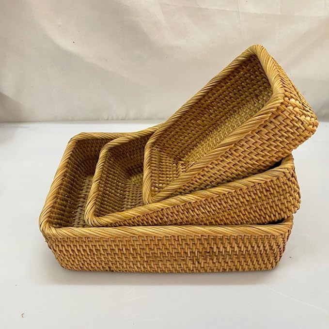 Natural Rattan Storage Baskets, Natural Rattan Fruit Storage Basket Rectangular Woven Wicker Box, Rectangular Woven Fruit Baskets, Wicker Organizer for Bathroom, Living Room (7.8" X 5.1" X 3")
