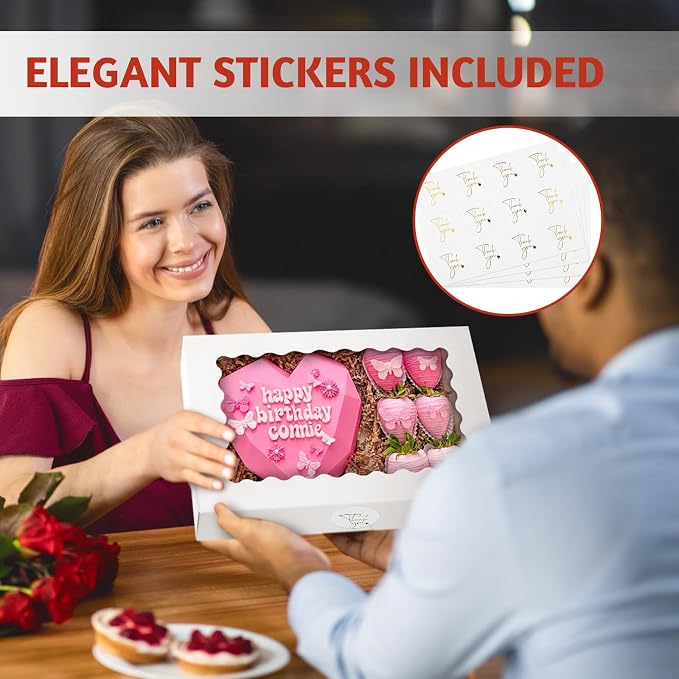 30 Pack Auto Pop-up Cookie Boxes with Window, 12" x 8" x 2.5", White | Bakery Treat Boxes, For Chocolate Covered Strawberries, Cake Pops, Donuts, Cocoa Bombs, Sugar Cookies, Pastries