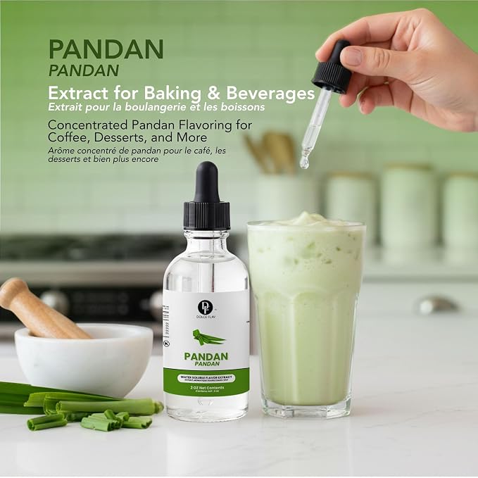 Dolce Flav Pandan Extract, Water Soluble – 2 oz | Southeast Asian Flavoring for Baking, Desserts, Beverages & Syrups – Sugar Free, Kosher, Allergen Free