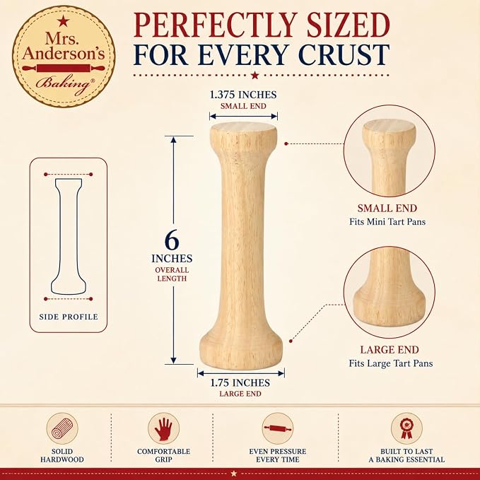 Mrs. Anderson’s Baking Dual-Sided Pastry Dough Tart Tamper, Hardwood, 6-Inches