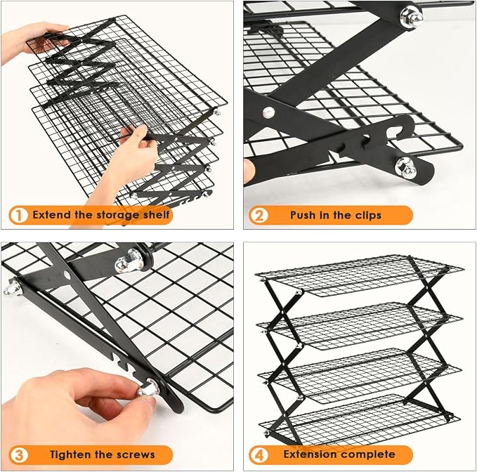 OTYMIOW Collapsible Cooling Rack with Adjustable 3 Setting Design Adjustable ＆ Stackable Baking Rack, X-Shaped Structure Cooling Rack for Cooking and Baking, Picnic Party (4 Tier)