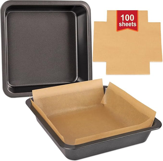 2 PCS Square Nonstick Loaf Pan Set, 8 x 8 Inch Carbon Steel Rectangle Bakeware with 100 Parchment Liners for Baking Toast, Cakes, Banana Breads, Gray