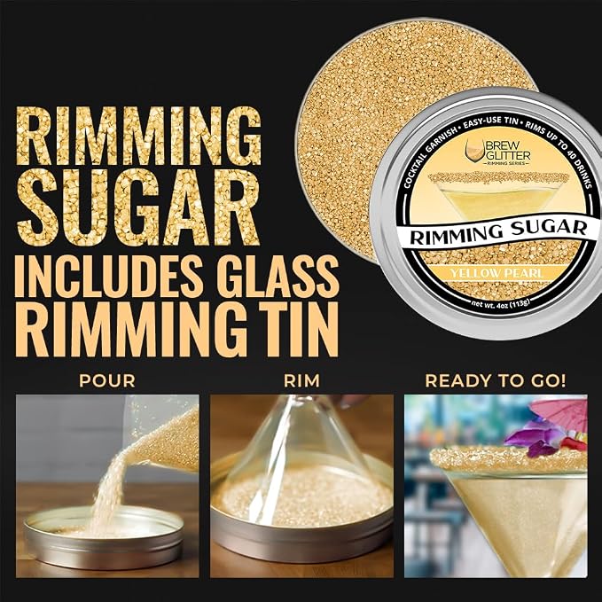 Brew Glitter - Yellow Rimming Sugar (4oz, 1x Bar Tin) Cocktail Garnish for Mixed Drinks & Refreshments