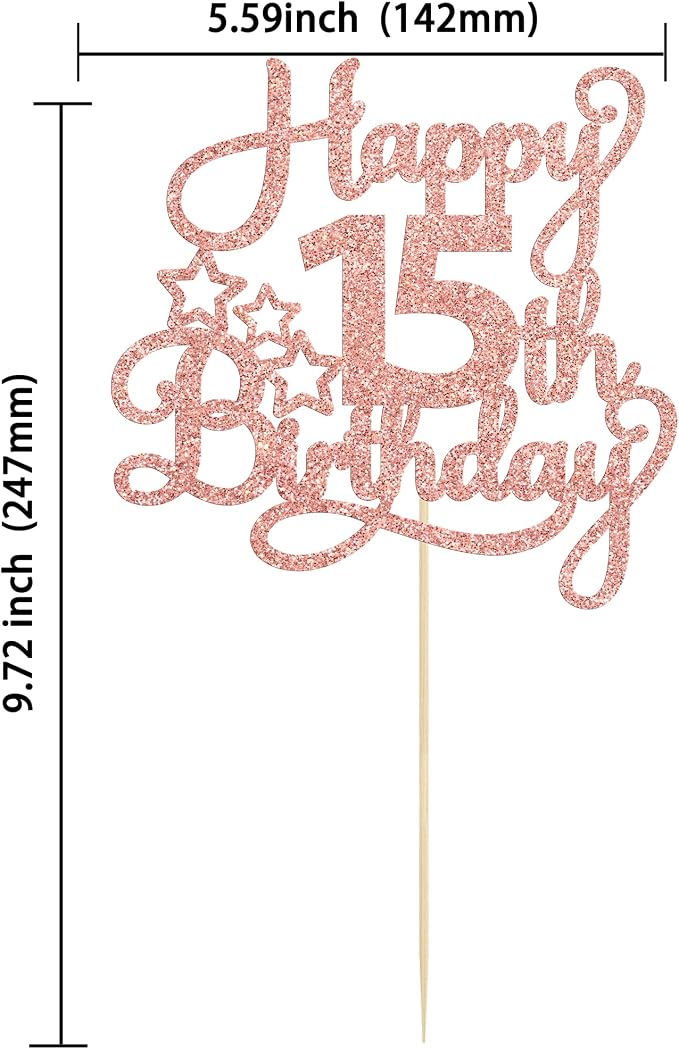 1 Pack Happy 15th Birthday Cake Topper Rose Gold Glitter Mis Quince 15 Cheers to 15 Years Old Birthday Cake Pick for Celebrating 15th Birthday Anniversary Party Cake Decorations Supplies