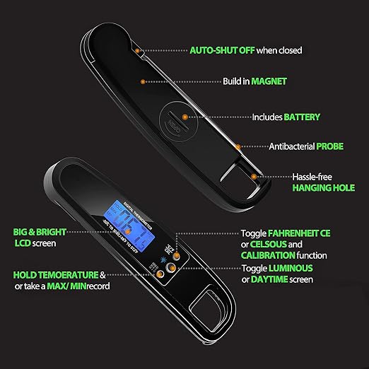 Meat Thermometer Digital, IP67 Waterproof Cooking Thermometer with Backlight & Hold Function, Instant Read Food Thermometer for Cooking, Outdoor Grilling, Candy Making (Black)