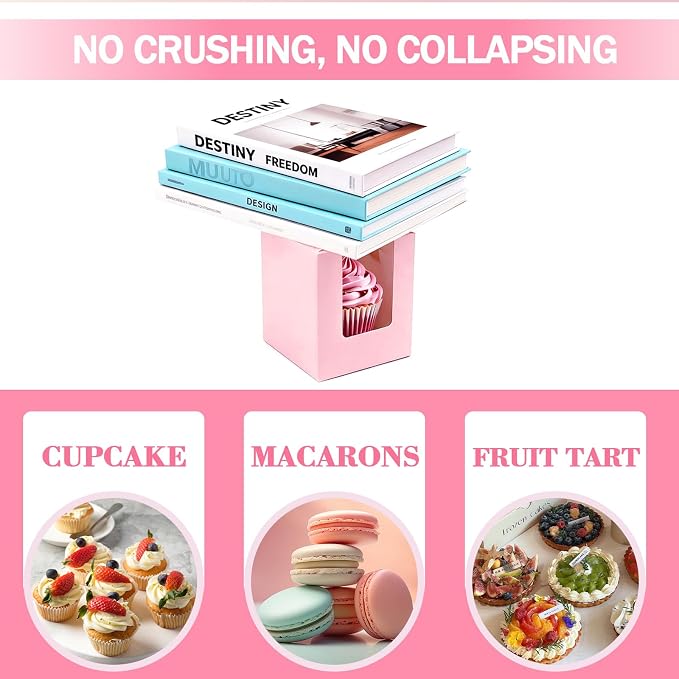 100 Pack Pink Cupcake Boxes Individual with Window, Inserts and Handle, Single Cupcake Containers for Cupcakes, Muffins, Donuts, Cookies, 3.6 x 3.6 x 4.3 Inch