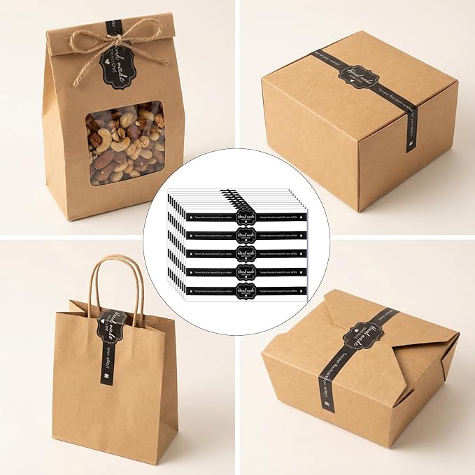 100 Pcs Food Retail Package Seal Stickers for for Packaging - Food Retail Package Seal Labels 8.8 x 1.3 Inch Tamper Resistant Labels for Handmade Bakery Candy Artisan Crafts(Black)