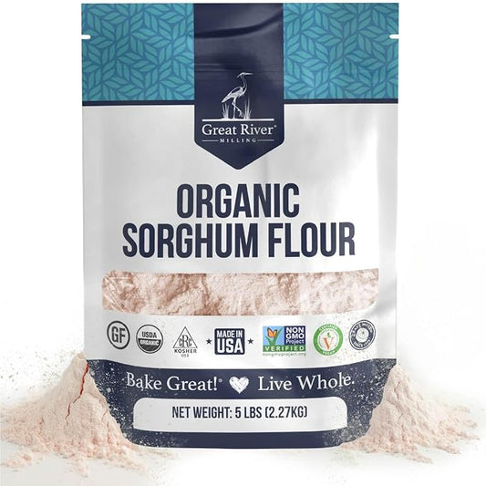 Great River Milling Organic Sorghum Flour | Gluten Free Whole Grain Flour | USDA Organic, Non-GMO, Kosher, Vegan Certified | Mild, Versatile Baking Ingredient for Breads, Cookies & Batters | 5 Lb