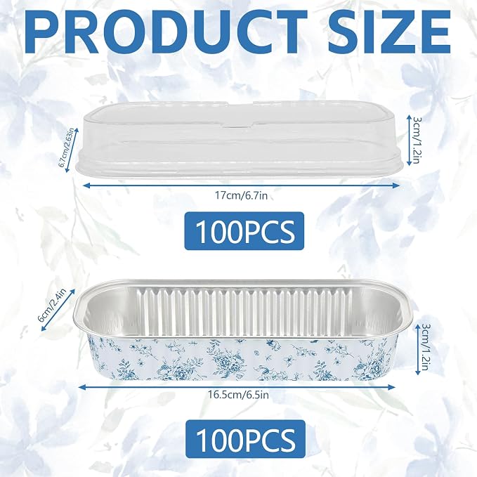 100Pcs Mini Loaf Pan with Lids Rectangle Aluminum Foil Baking Cups | Sturdy Box Body Structure, Innovative design, Blue Floral Pattern, Portable Lid, Excellent for Viewing, Clean Material