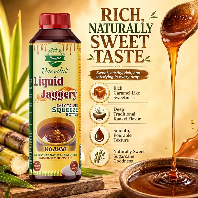Danodia Foods Organic Liquid Jaggery Syrup, Gur Sweetener, 350g, Gur Cane | Pourable sugarcane sweetener for tea, coffee, baking, desserts, sauces, cooking and daily recipes; no preservatives used