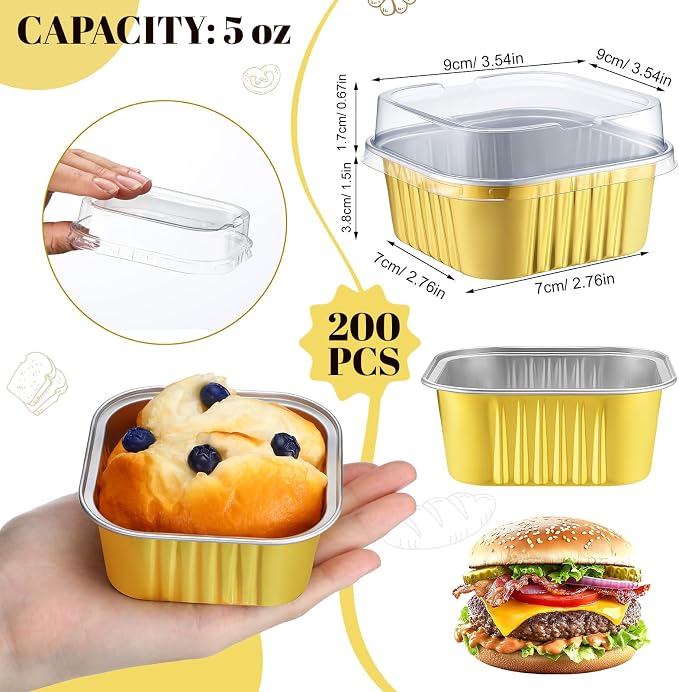 200 Pack 5 oz Mini Cake Pans with Lid, Aluminum Foil Mini Baking Tins, Square Disposable Cupcake Baking Cup Dessert Container for Wedding Birthday Party Picnic(Gold,Classic)