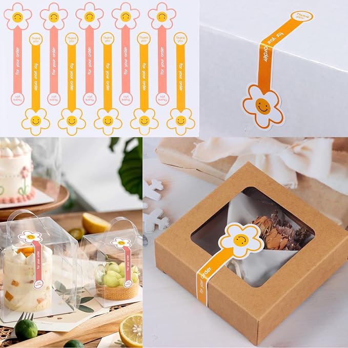 Beyonday 300pcs Handmade Lollipop Baking Stickers for Cake Box/Tins/Jars/Coffee Cups/Bottles, Long Label Flower Sealing Bakery Stickers for Gift Wrapping Self-Adhesive Tamper Evident Seal Labels