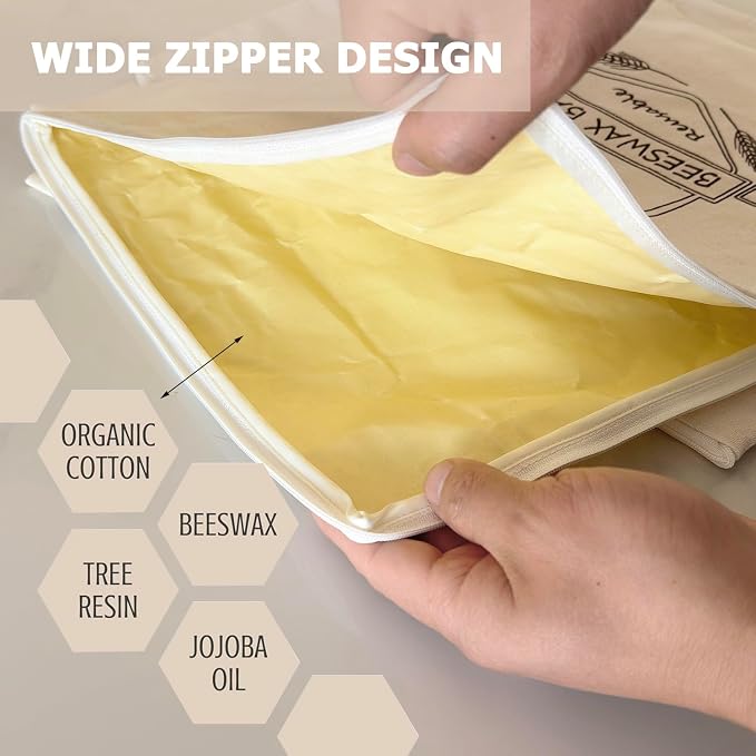 Puransen Zipper Beeswax Bread Bags for Homemade Bread and Fresh Bread Storage - Reusable Organic Beeswax Cotton Linen Storage Bags, Family Essentials Sourdough Bags with Zip to Keep Fresh - 2 Packs