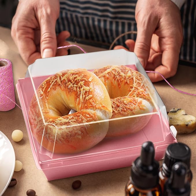 Jetec 150 Pack Charcuterie Boxes with Clear Lids and Rope 4 Inches Cake Disposable Square Dessert Food Box Containers with Lids for Bakery Macaron Cookies Strawberries Fruits Display (Pink)