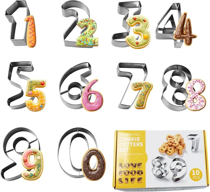 Number Cookie Cutter Set - 10Pcs Mini Cookie Cutters Variety Pack with Dough Scraper, Stainless Steel Numbers 0-1-2-3-4-5-6-7-8-9 Cookie Mold for Biscuits, Fondant