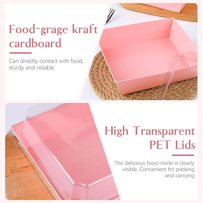 ZORRITA Paper Charcuterie Boxes with Clear Lids, 50 Pack, 5 Inch, Pink | Square To Go Dessert Containers, Small Bakery Boxes, For Cake, Cookies, Sandwich, Strawberries