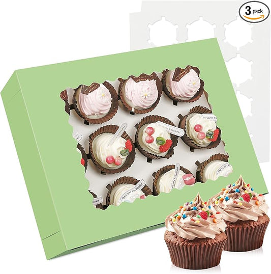 3-Set Cupcake Boxes Bulk with Clear Display Window Hold 12 Standard Cupcakes, Disposable Food Grade Green Cupcake Carrier Cupcake Container, Perfect for Cupcakes Muffins Cookies Pastries