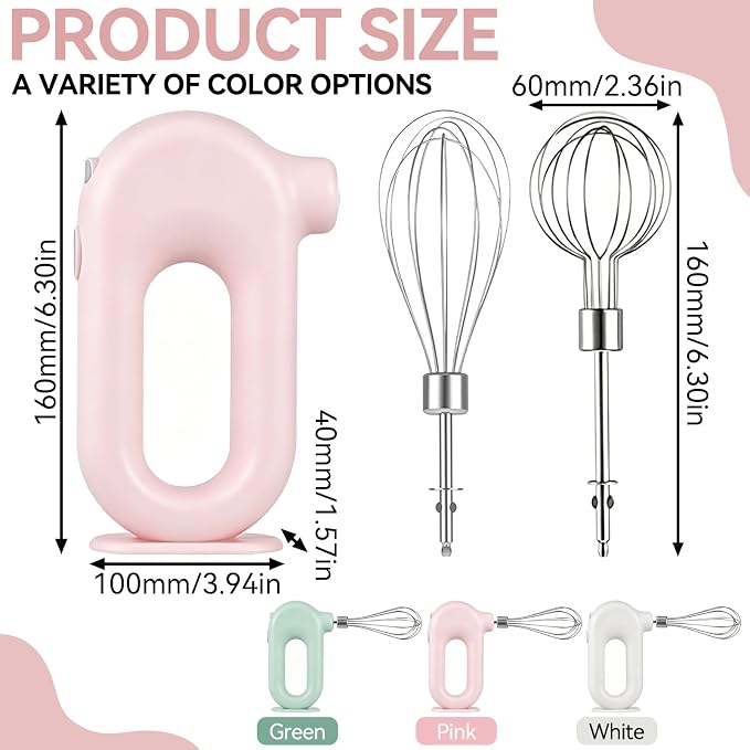Cyrank Cordless Hand Mixer, Handheld Mixer Electric Hand Mixer 4 Speed Electric Handheld Mini Egg Beater USB Charing 1500mah(Pink)