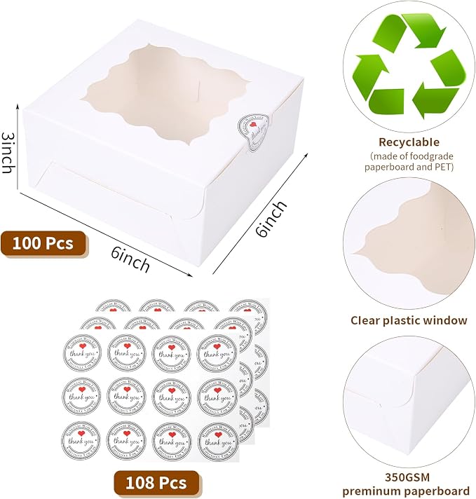 100 pcs 6x6x3 Inches Small Cake Box with Window, 6 inch Cookie Boxes Bakery Pastry, Mini Pie container for Pastry,Dessert,Strawberries,Chocolates, Cupcakes with paper stickers (White)