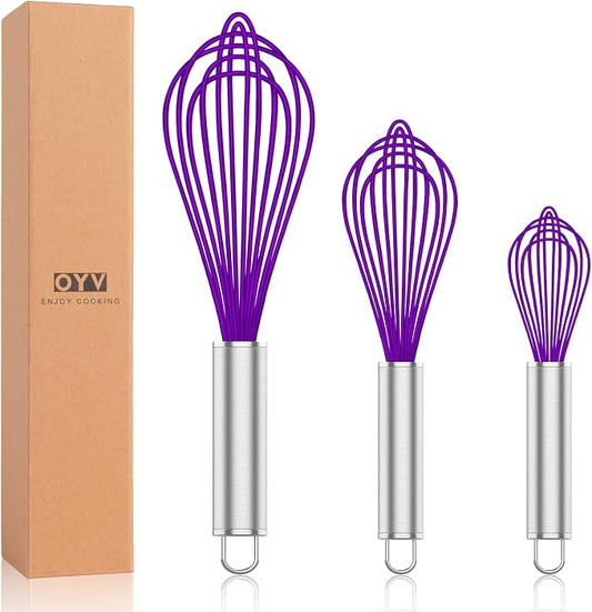 OYV Purple Silicone Whisk, Professional Whisks For Cooking Non-Scratch, Stainless Steel & Silicone Wisk, Plastic Rubber Whisk Tool For Nonstick Cookware Pans, BPA free, Silicon Wisks Set of 3