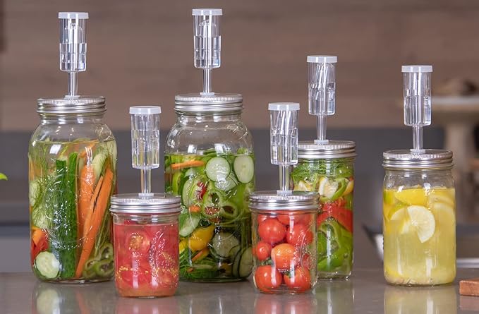 JILLMO 4 Pack Fermentation Kit for Wide Mouth Mason Jars, Stainless Steel Fermentation Lids with Glass Weights and Airlocks, Easy Fermenting Set for Pickling, Canning and Sauce (No Jars)