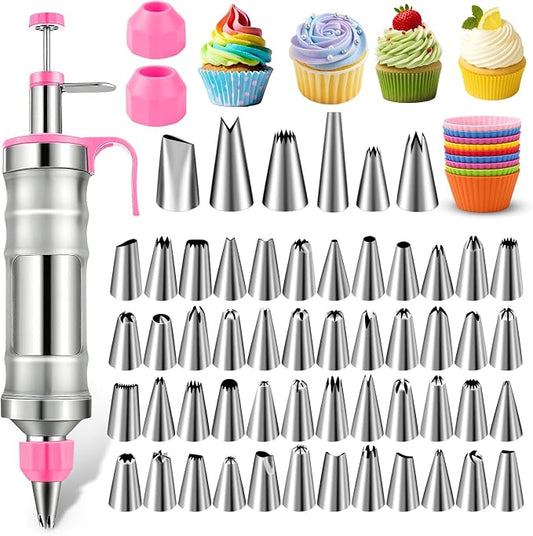 NOVANO Dessert Decorating Syringe Set, Frosting Piping Kit | Stainless Steel, 54 Piping Tips, 9 Silicone Cupcakes, Cake Decorating Kit, Cupcake Decorating Kit