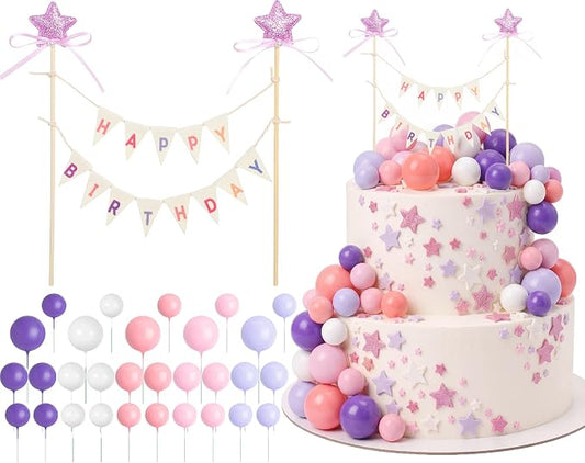 31 Pcs Happy Birthday Cake Topper Cake Bunting Topper Banner with Wood Pole Rainbow Garland with Bow Ribbon Balloon, Mini Cupcake Decor for Birthday Baby Shower (Purple,Pink,Blue)
