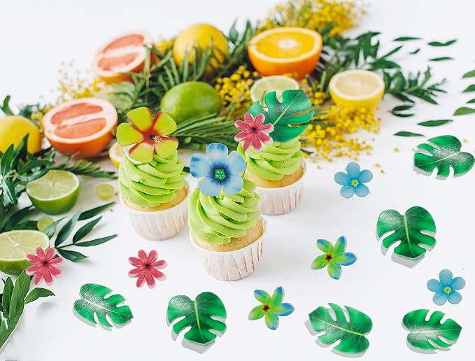 83pcs Edible Tropical Turtle Leaves Flower Cupcake Toppers Wafer Paper Palm Leaf Flower Cake Topper Edible Cake Decoration for Hawaii Aloha Jungle Summer Theme Wedding Birthday Baby Shower