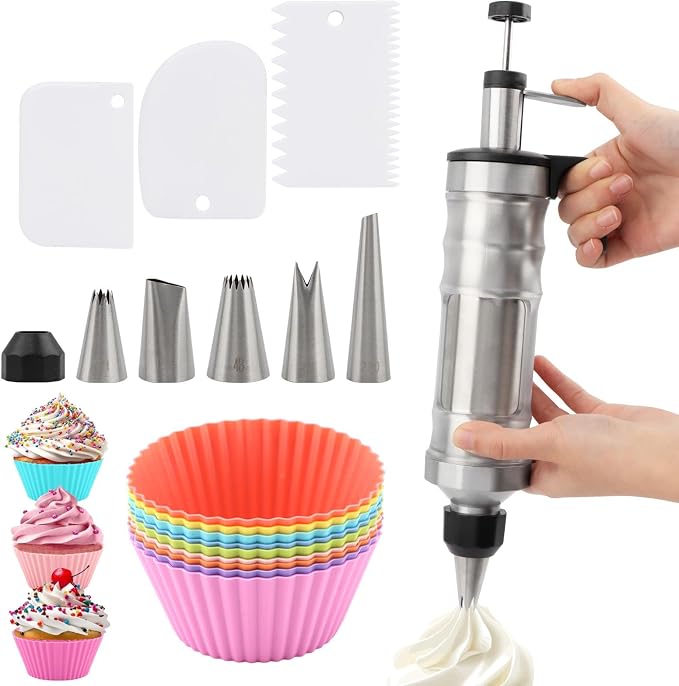 Dessert Decorating Syringe Set, Frosting Piping Kit with 6 Piping Tips, 9 cupcakes, 2 adapter, 3 cream squeegee, Stainless Steels Cupcake Decorating Kit for Baking