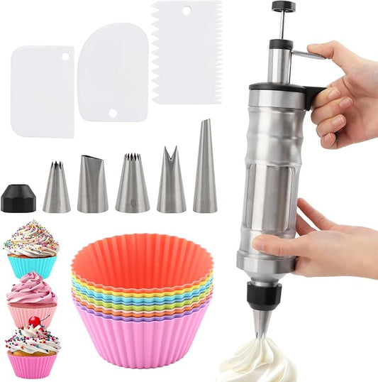 Dessert Decorating Syringe Set, Frosting Piping Kit with 6 Piping Tips, 9 cupcakes, 2 adapter, 3 cream squeegee, Stainless Steels Cupcake Decorating Kit for Baking