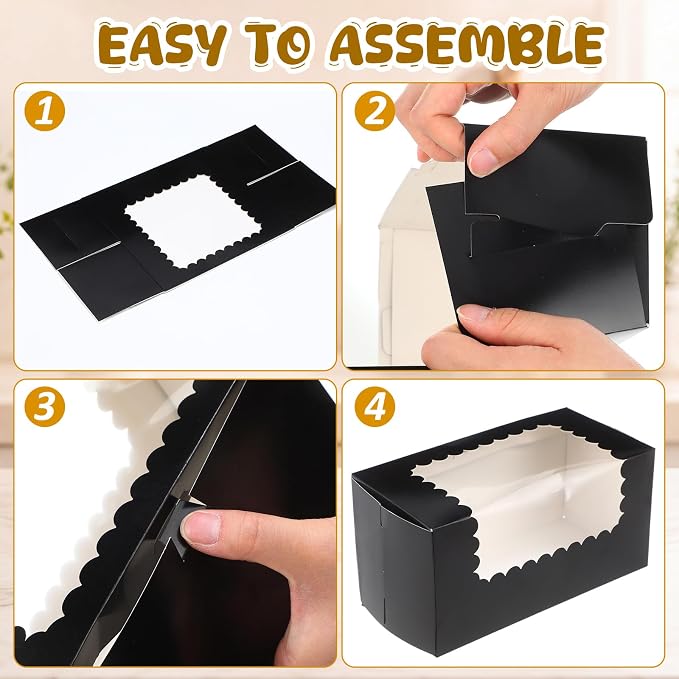Ireer 60 pcs 8x4x4 Inch Bakery Boxes with Window Cookies Boxes Pumpkin Roll Container Donut Box Pastry Cake Packaging Safe for Cookies Loaf Muffins Breads Dessert Candies Treat (Black)