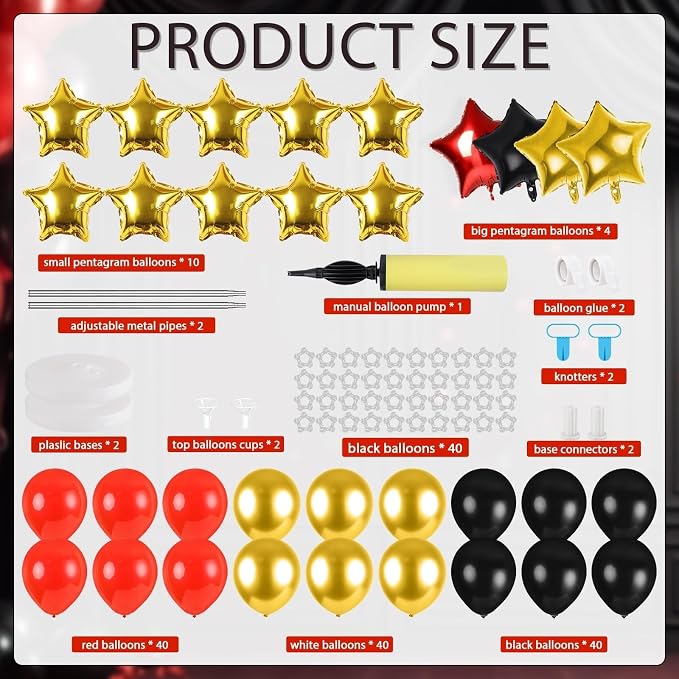 2 Sets Black Gold and Red Balloons Decorations Adjustable Balloon Column Stand Kits with 4 Stars Movie Night Garland Arch Tower Balloons for Wedding Baby Shower Birthday Party Decorations