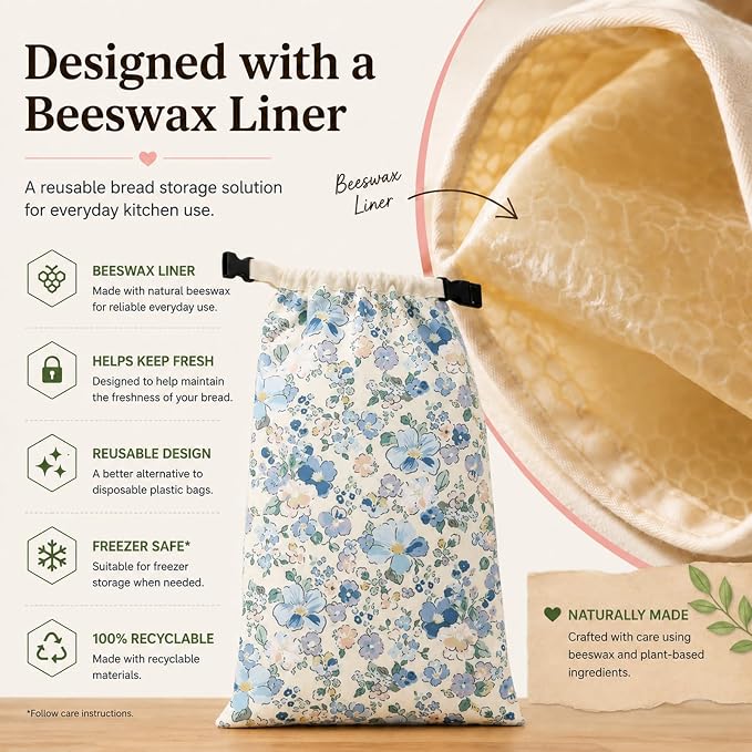 Bread Bags for Homemade, Natural Beeswax Bread Bag 2 Pack XL 13x17 Inch, Reusable Organic Cotton Linen Storage Bags, Beeswax Bread Bags for Sourdough, Keeps Bread Fresh Longer (Little Blue Flower)