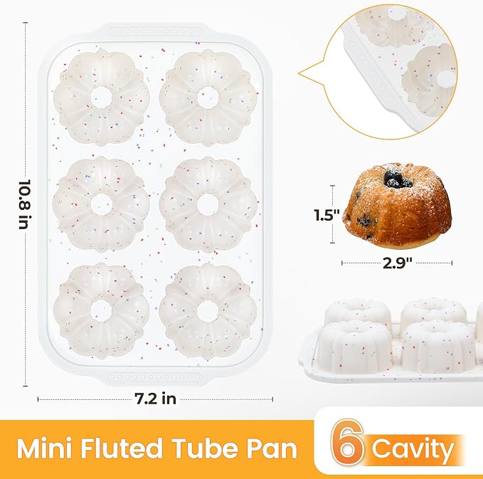 CAKETIME Mini Fluted Tube Pan with Metal Reinforced Frame, 6-Cavity Silicone Nonstick Small Cake Molds 3Pcs for Chocoflan, Donuts, Cornbread, Brownies, Jellies BPA Free