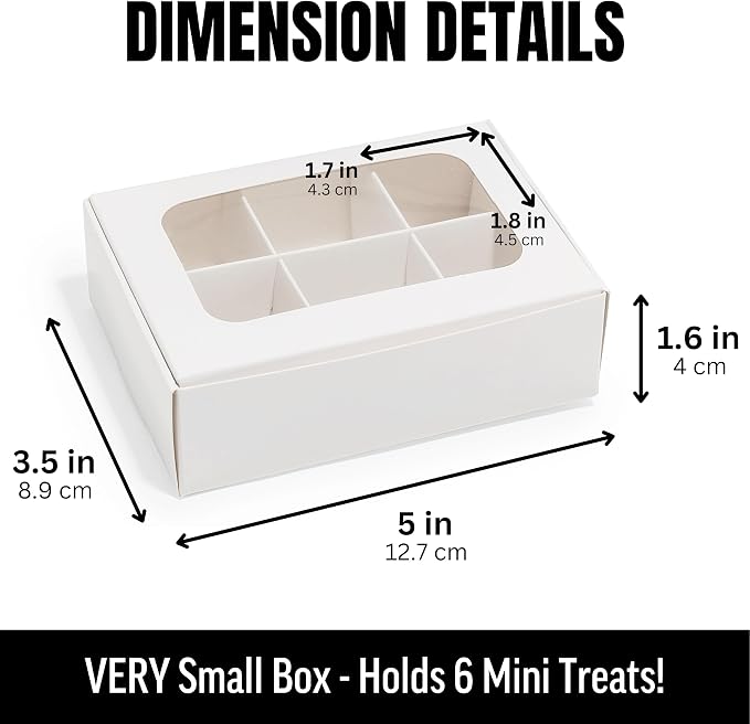 100 pcs White Mini Truffle Box for 6 treats with Window and Dividers, Bakery Boxes, 5 x 3.5 x 1.57 Inches VERY SMALL Baking Boxes, Square Truffles Decorating Supplies for Gift Giving