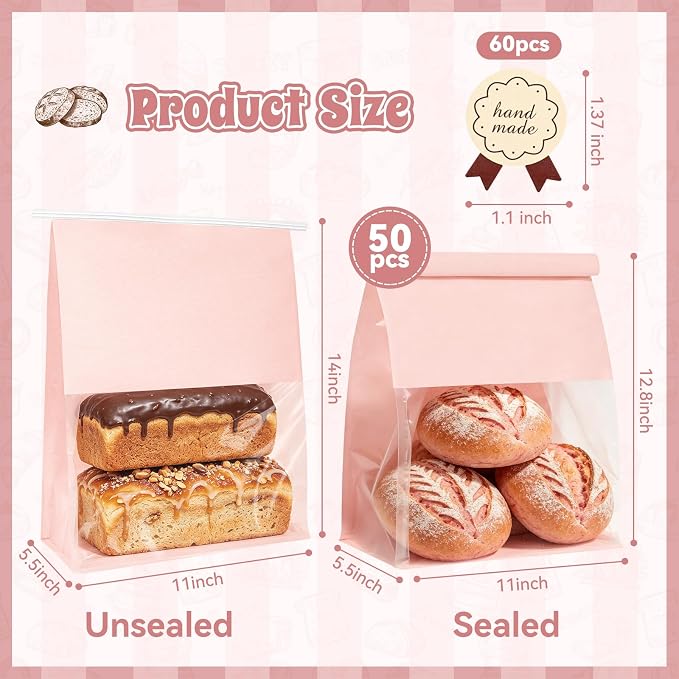 "Funcoo Paper Bread Bags with Tabs for Homemade Sourdough Bread, Pink Bakery Bread Bags with Window/Tin Tie Tab Lock, Large Bakery Loaf Bag for Baked Goods Packaging" (50, X-Large)