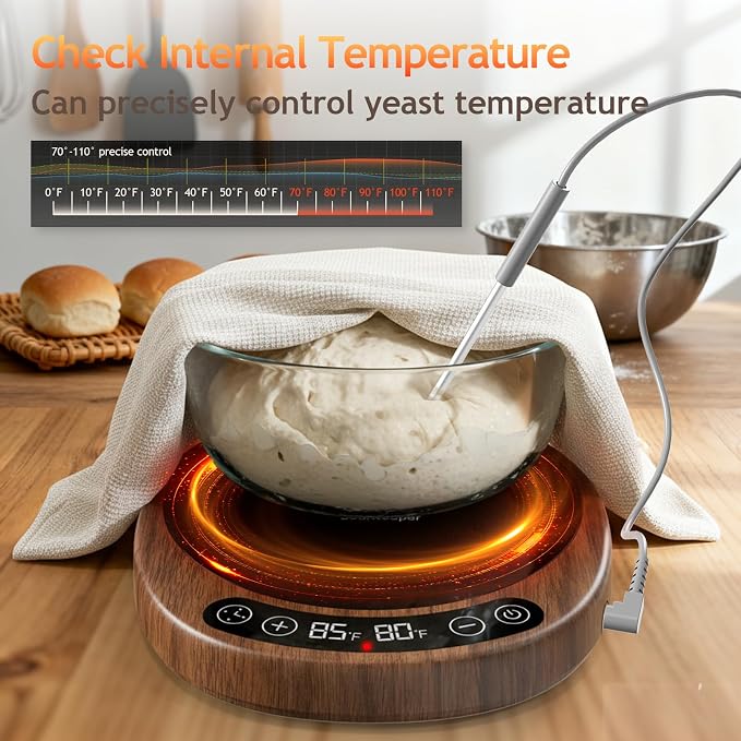 SourKeeper, Larger 2-in-1 Sourdough Starter Warmer Pro - 2026 Upgrade Larger Heating Plate, Dough Temp Probe, 1°F Control (70–110°F), 24H Timer, Real-Time Monitoring Walnut,6.5inch
